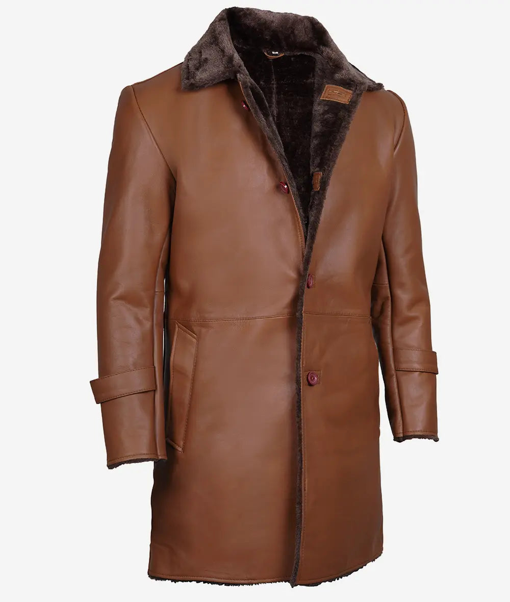 Men's 3/4 Length Shearling Leather Coat in Cognac