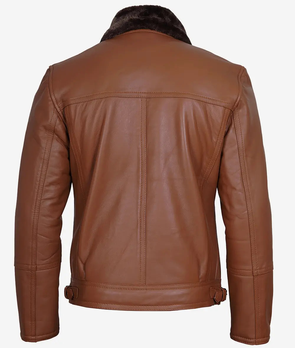 Men's Cognac Leather Shearling Moto Jacket