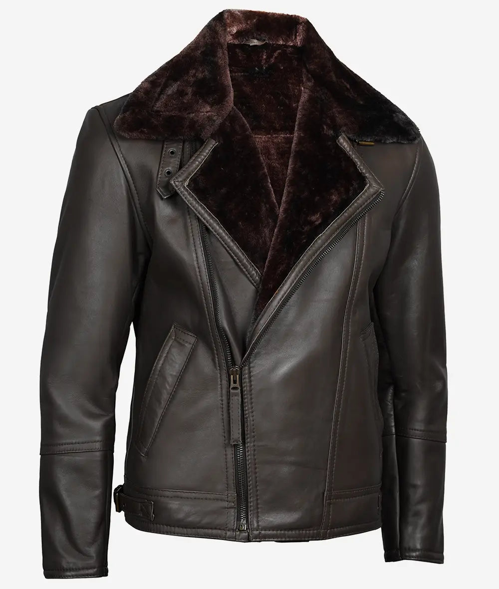 Men's Dark Brown Shearling Leather Moto Jacket with Asymmetrical Shearling Lining.