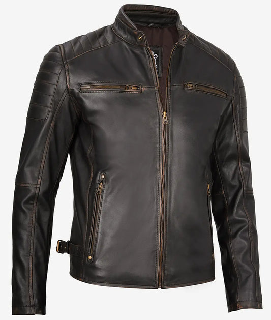 Men's Brown Rub Off Cafe Racer Leather Jacket