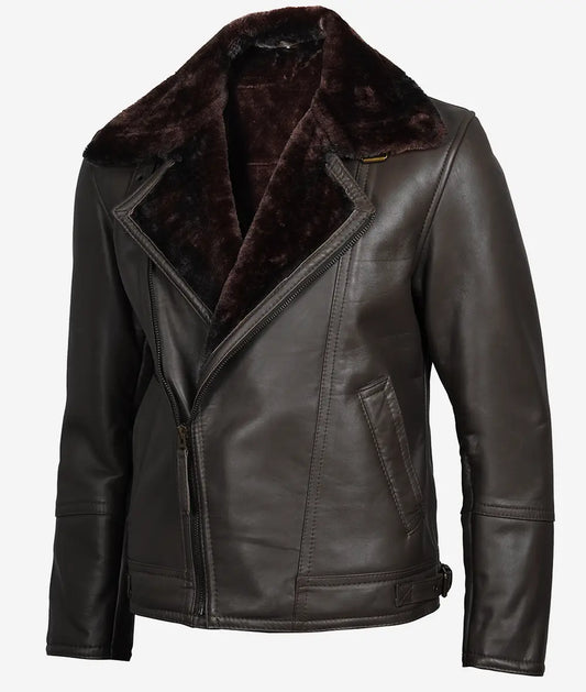 Men's Dark Brown Shearling Leather Moto Jacket with Asymmetrical Shearling Lining.