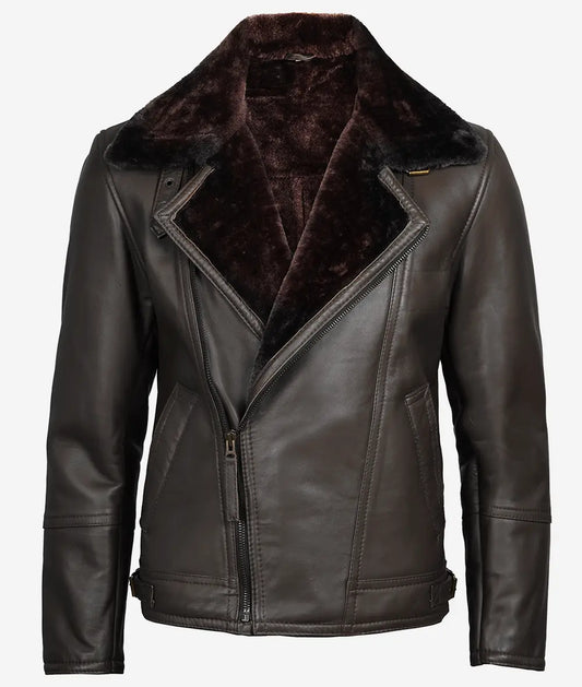 Men's Dark Brown Shearling Leather Moto Jacket with Asymmetrical Shearling Lining.