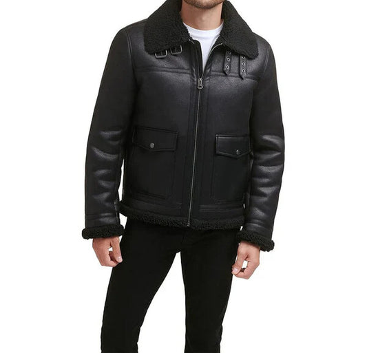 Men's Faux Shearling Real Black Leather Jacket