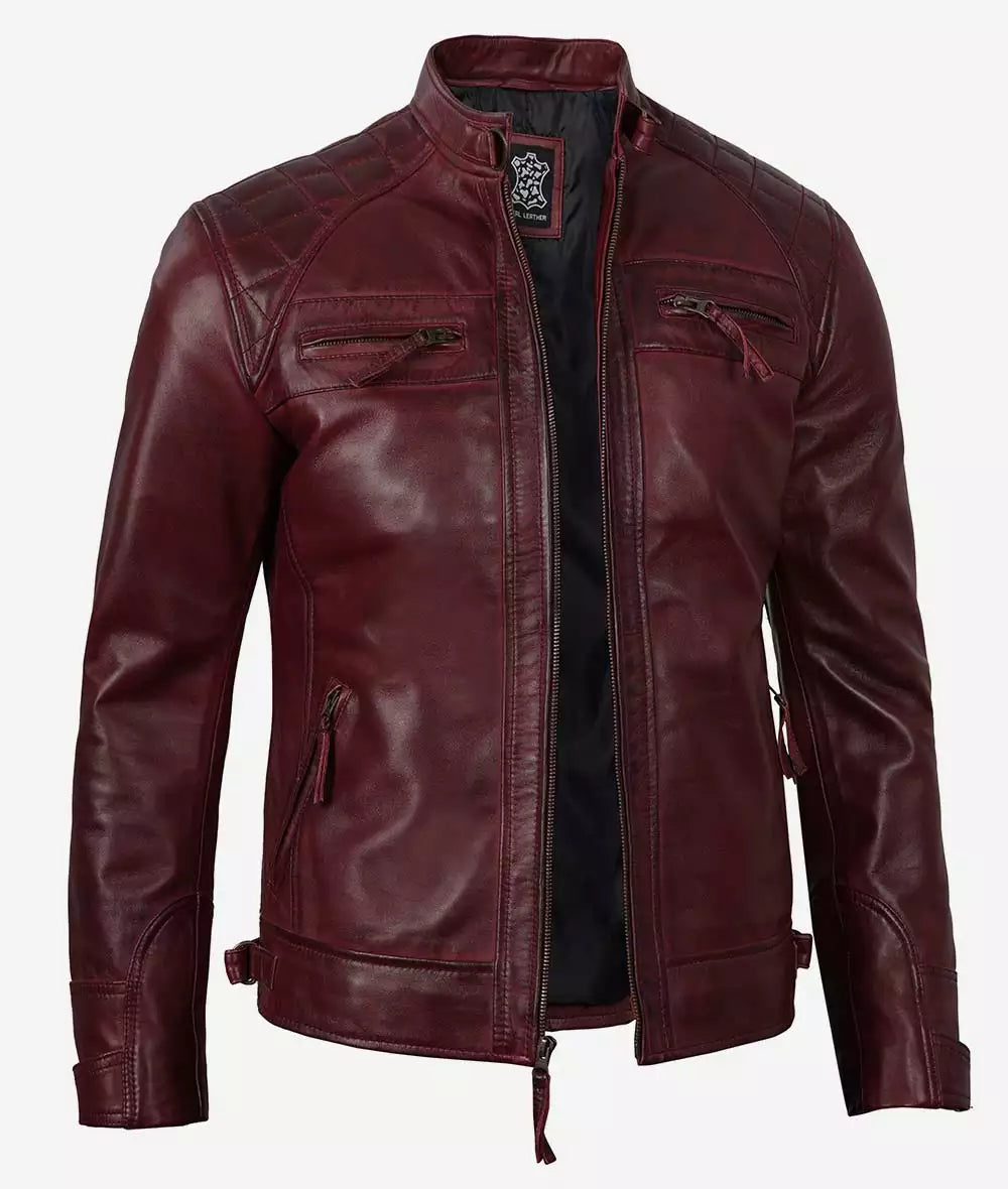 Men's Real Lambskin Leather Maroon Biker Jacket with Quilted Shoulders