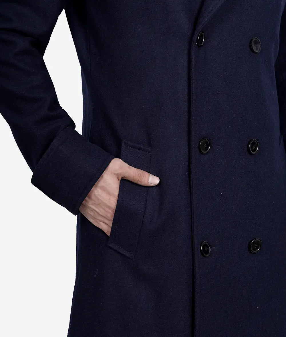 Men's Double Breasted Dark Blue Wool Coat