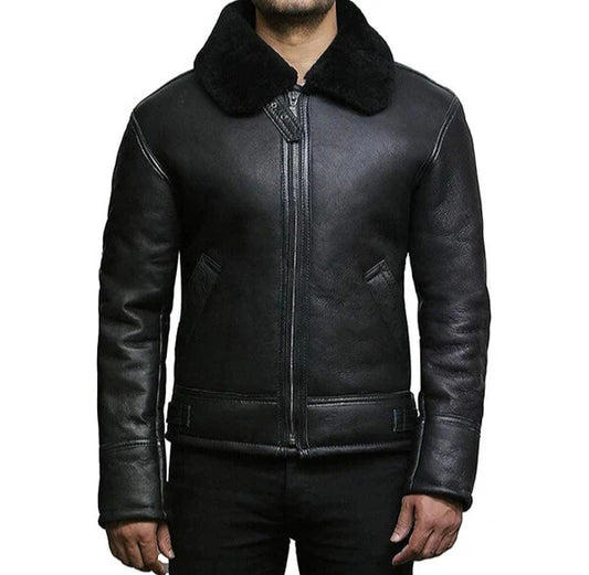 Men's Faux Shearling Real Black Leather Jacket