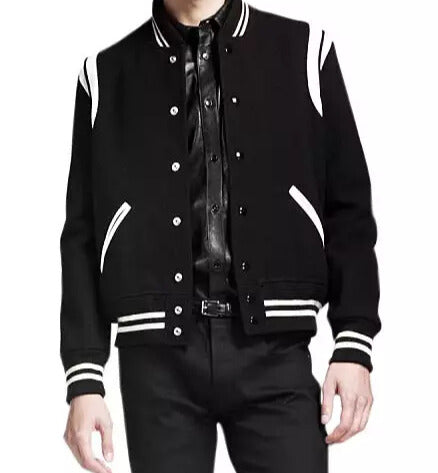 Men's Black Letter Man Jacket With White Details - Wool Blend