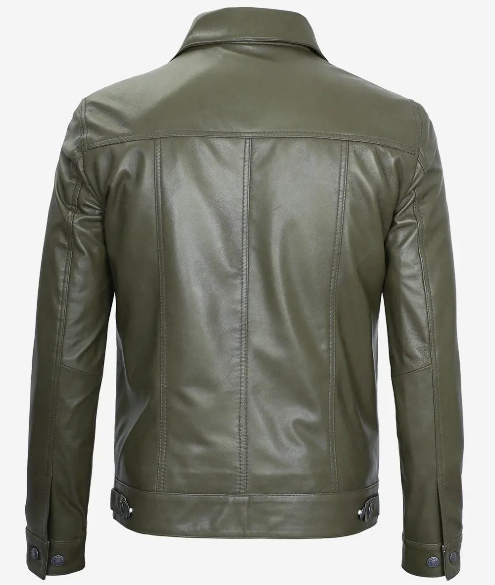 Men's Military Green Four Pockets Leather Trucker Jacket