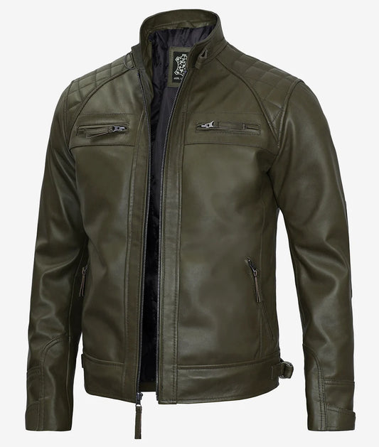 Men's Military Green Quilted Shoulder Cafe Racer Leather Jacket