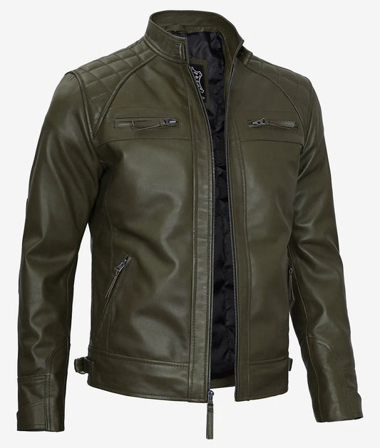 Men's Military Green Quilted Shoulder Cafe Racer Leather Jacket