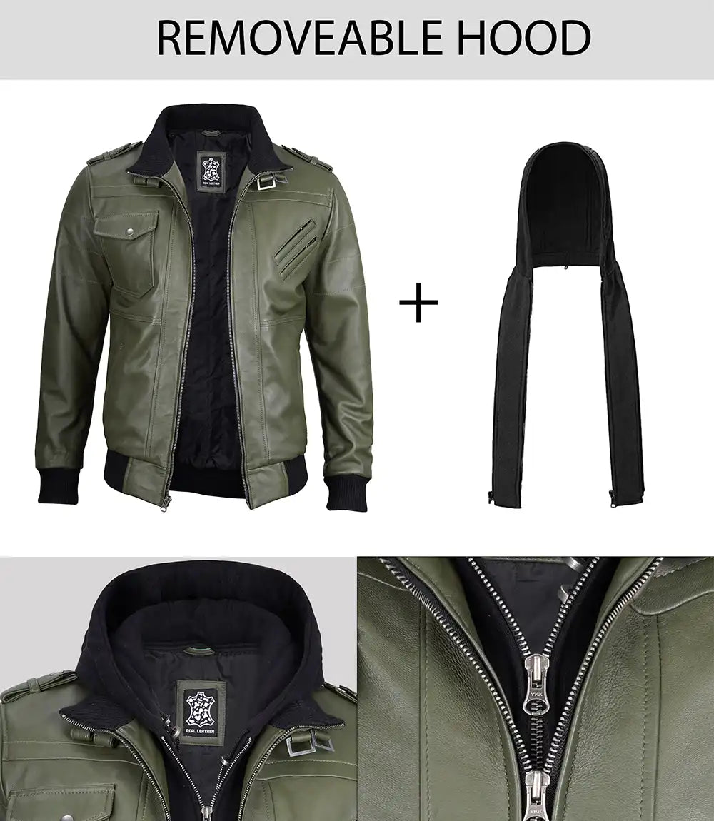 Men's Military Green Real Leather Bomber Jacket with Hood