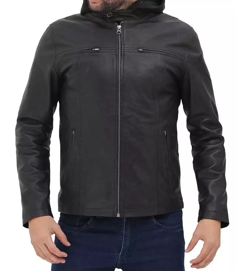 Men's Black Removable Hood Leather Jacket