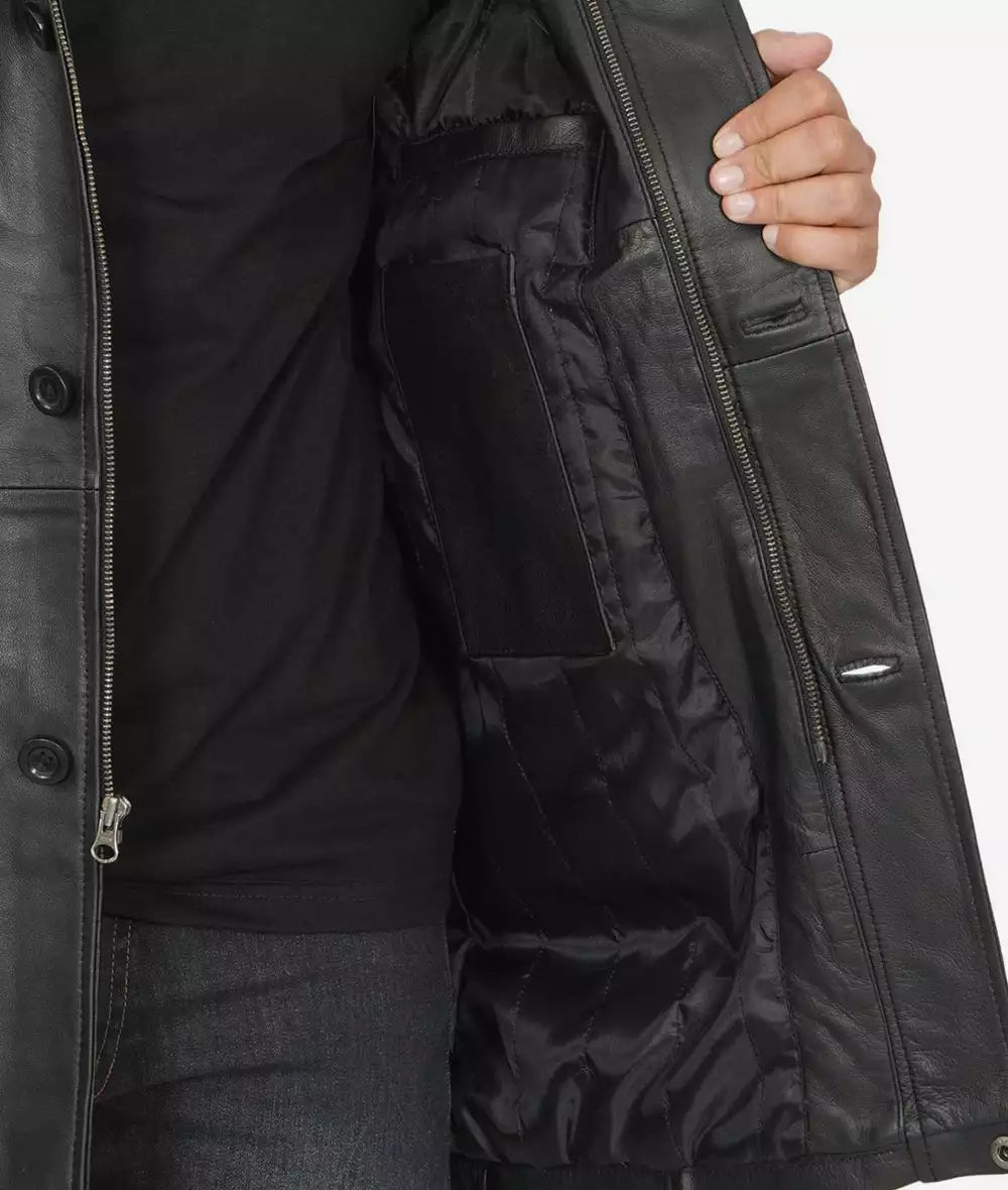 Bristol Men's Black Real Leather Car Coat - 3/4 Length Coat