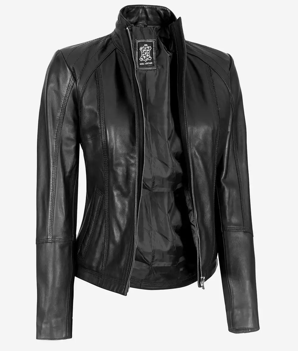 Acerra Womens Black Cafe Racer Leather Jacket