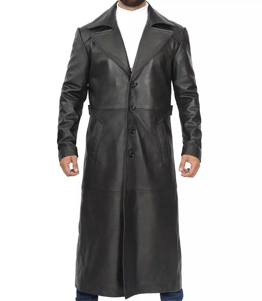 Men's Black Full-Length Leather Trench Coat