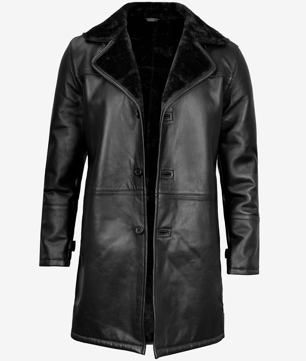 Men's Three-Quarter Black Shearling Leather Coat