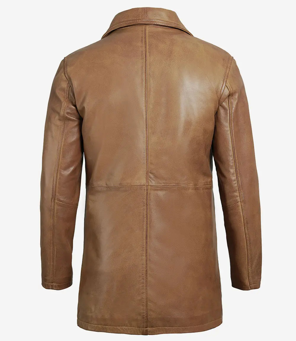 Men's Camel Brown Real Leather 3/4 Length Car Coat