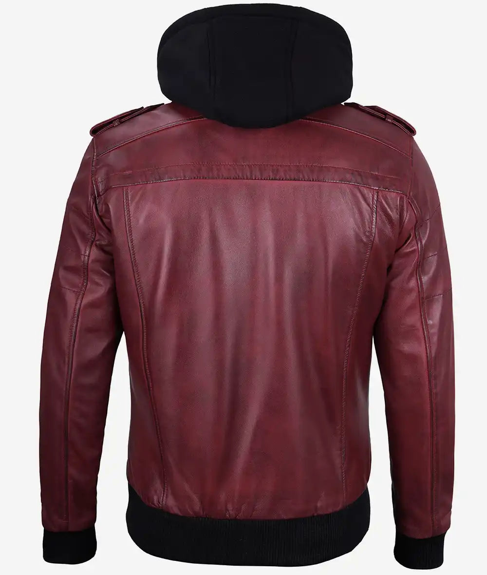 Men's Maroon Leather Jacket with Removable Hood