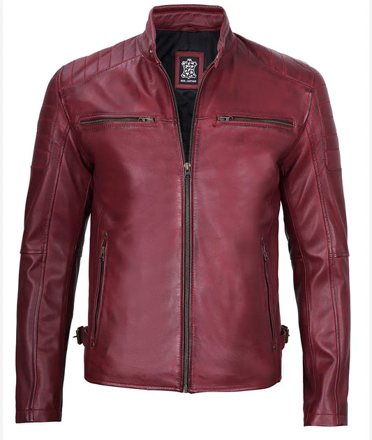 Men's Maroon Cafe Racer Waxed Leather Jacket