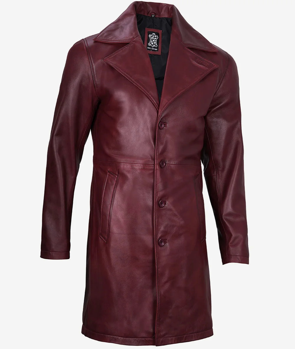 Men's Maroon 3/4 Length Real Leather Car Coat