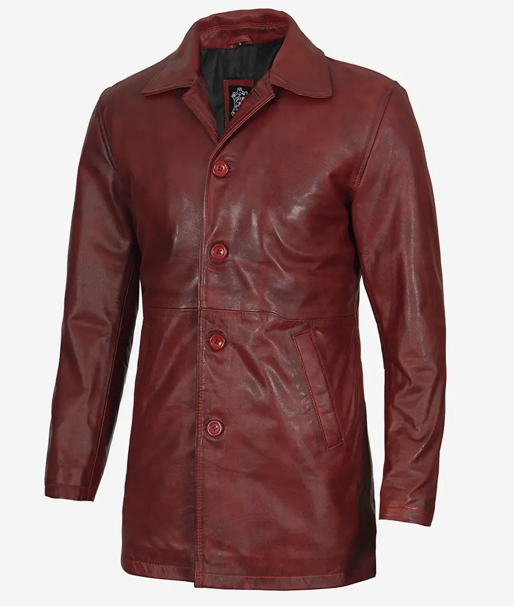 Men's Maroon Real Leather 3/4 Length Coat