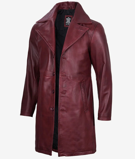 Men's Maroon 3/4 Length Real Leather Car Coat