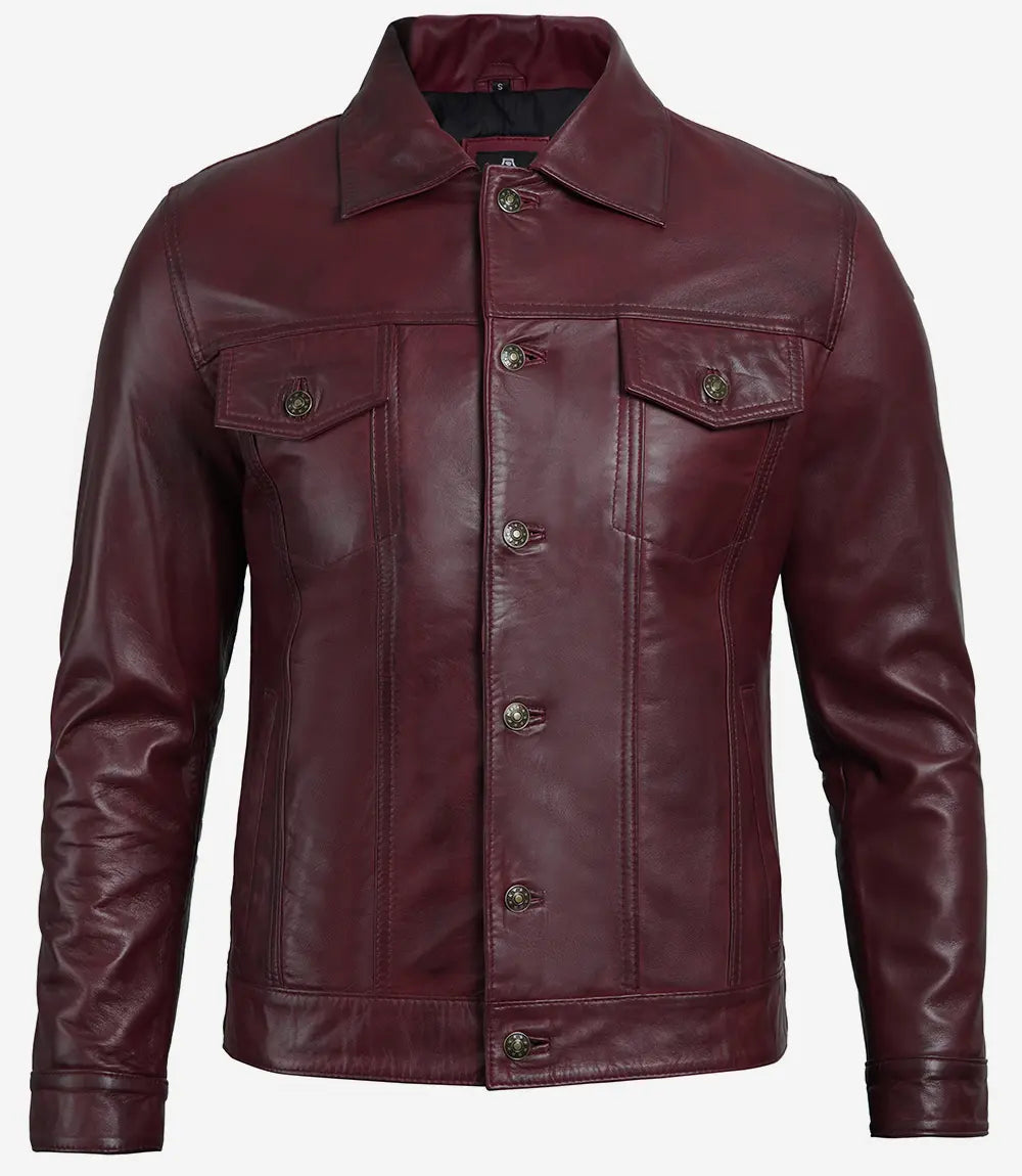 Fernando Men's Maroon Lambskin Leather Trucker Jacket