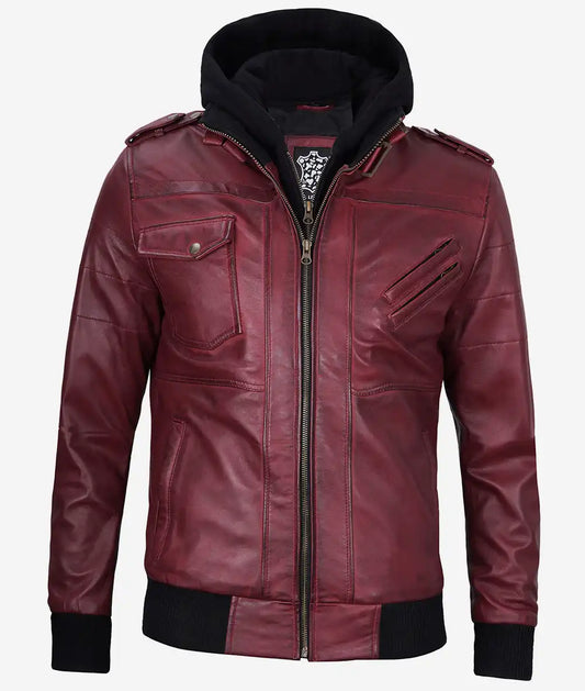 Men's Maroon Leather Jacket with Removable Hood