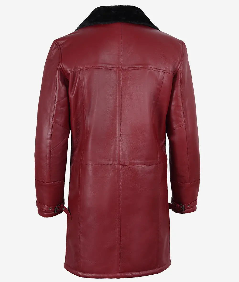 Men's Leather Maroon Coat with Black Shearling Fur