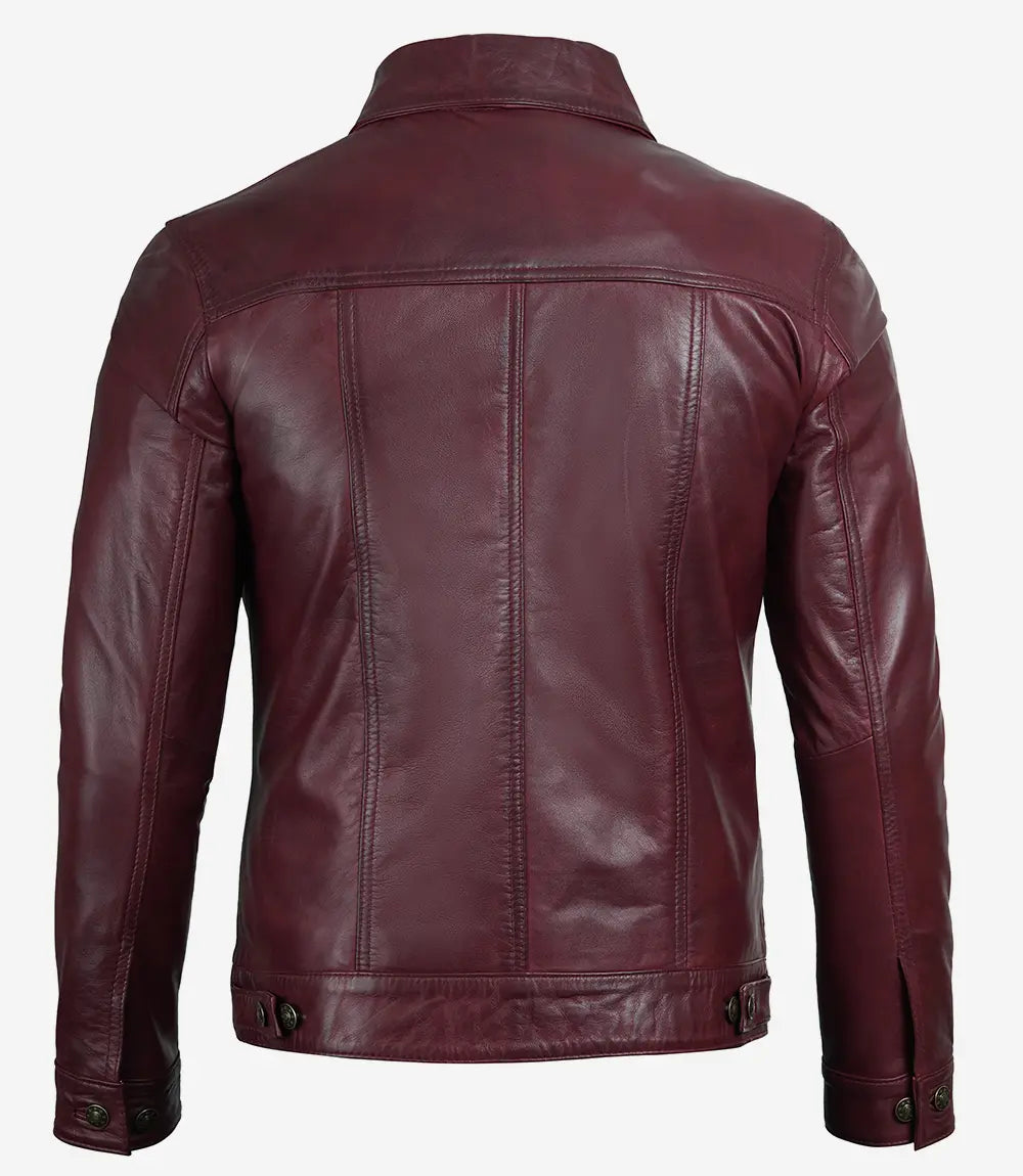 Fernando Men's Maroon Lambskin Leather Trucker Jacket