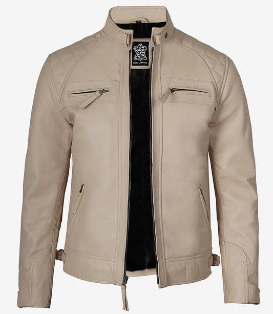 Men’s Cafe Racer Beige Real Leather Jacket - Quilted Shoulder