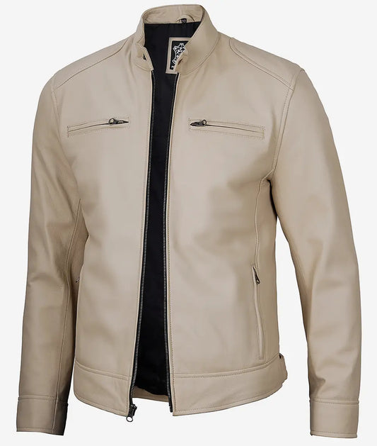 Men's Beige Cafe Racer Leather Jacket