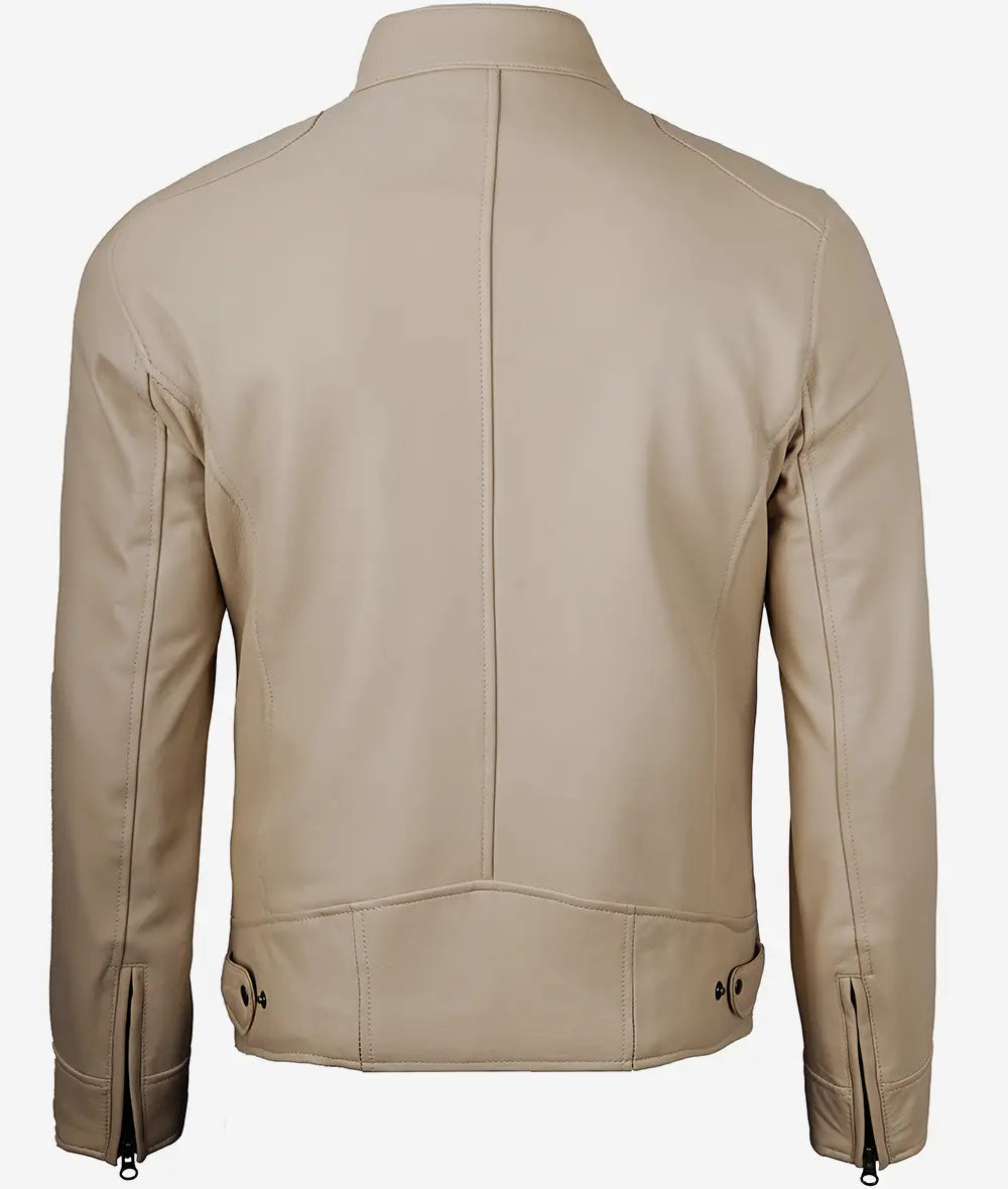 Men's Beige Cafe Racer Leather Jacket