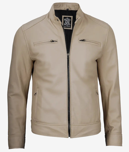 Men's Beige Cafe Racer Leather Jacket