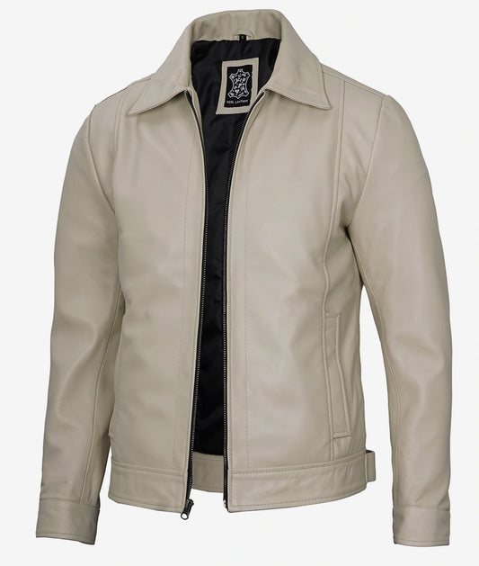 Men's Beige Classic Shirt Collar Real Leather Jacket