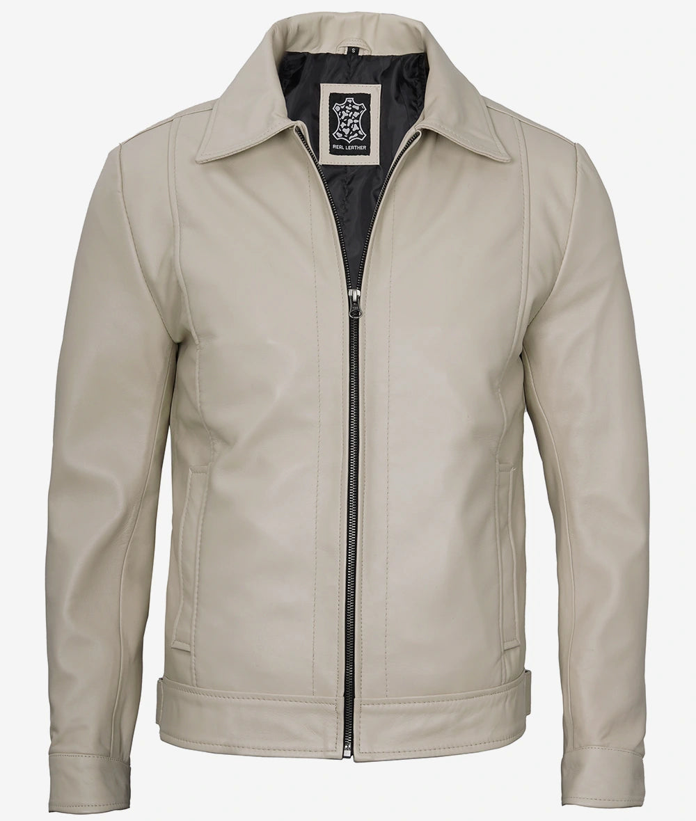 Men's Beige Classic Shirt Collar Real Leather Jacket