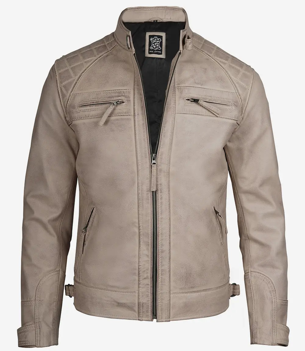 Men's Cafe Racer Quilted Shoulder Beige Leather Jacket