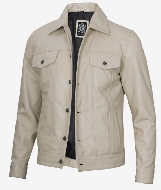 Men's Beige Real Lambskin Leather Trucker Jacket