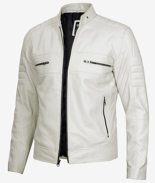 Men's Off White Cafe Racer Leather Jacket - Real Leather