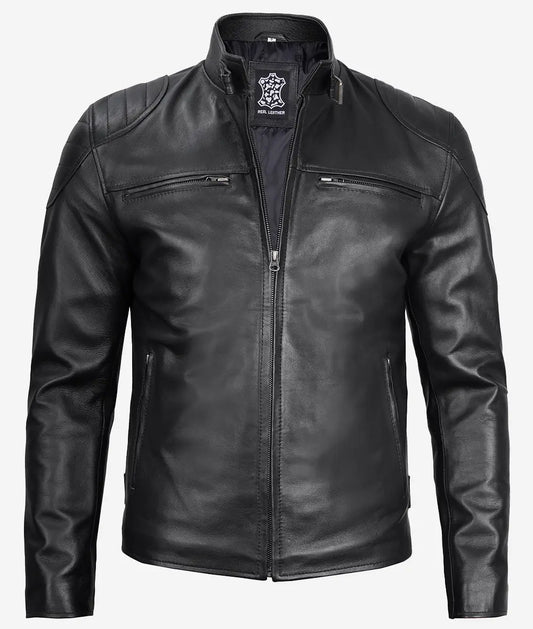 Men's Cafe Racer Black Lambskin Leather Jacket