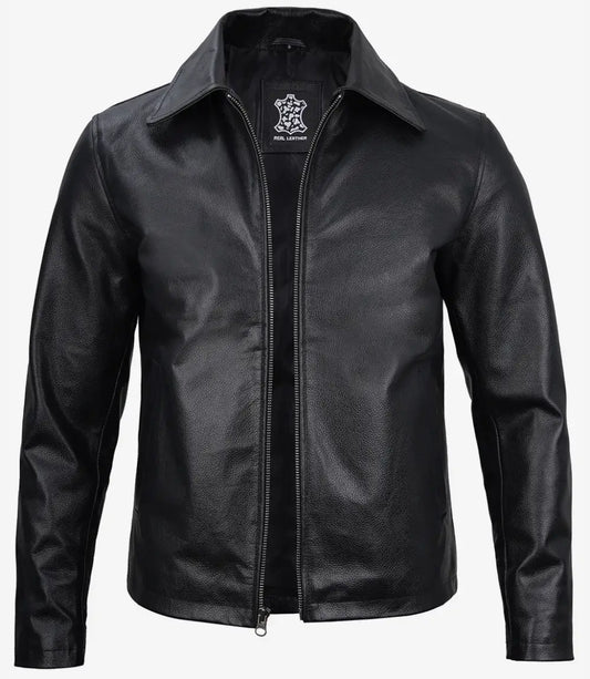 Men's Black Cowhide Shirt Collar Leather Jacket