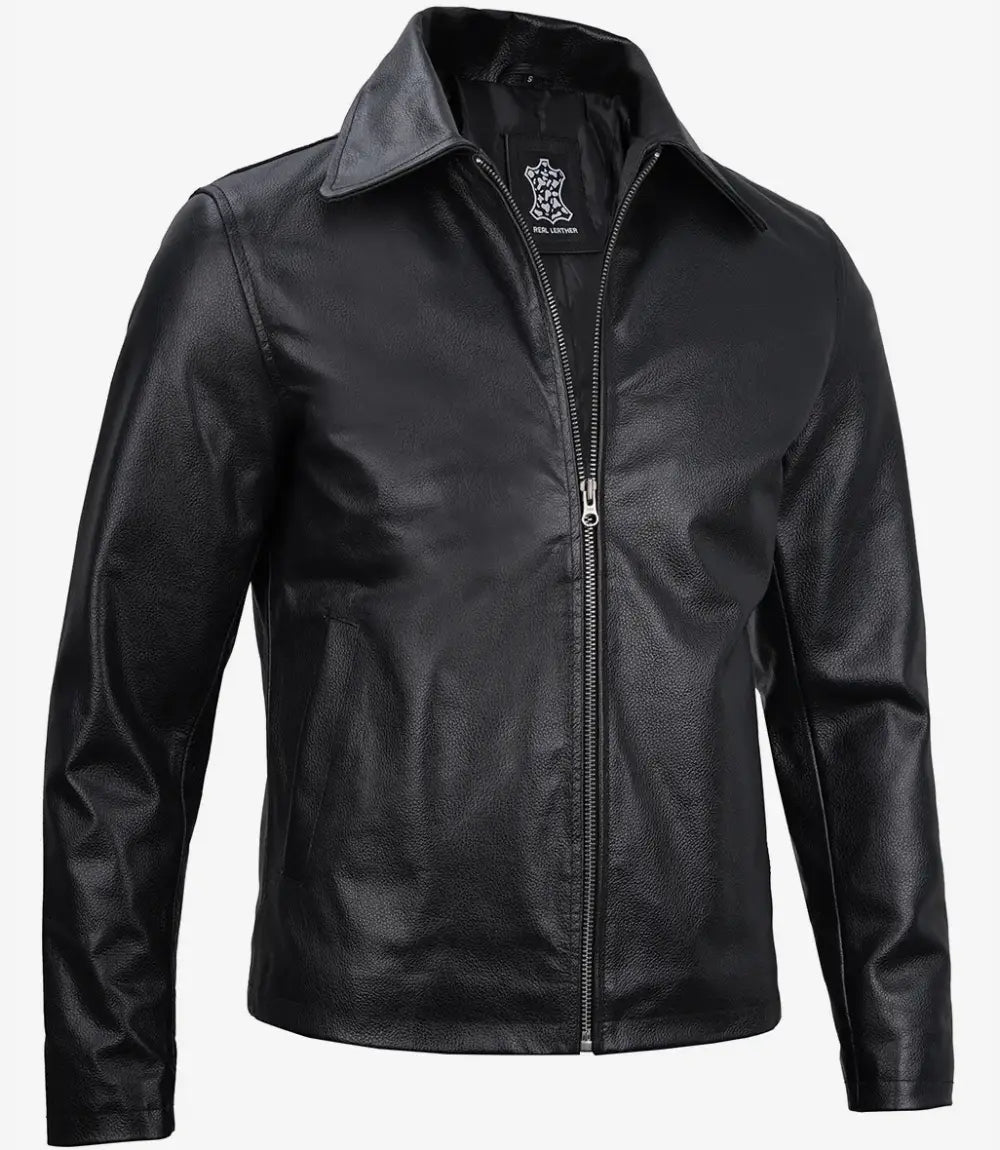 Men's Black Cowhide Shirt Collar Leather Jacket