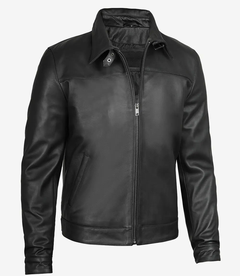 Men's Black Premium Shirt Collar Real Leather Jacket