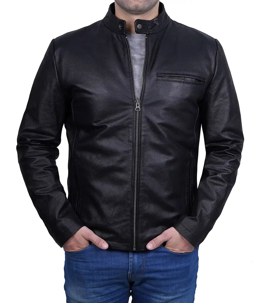 Men's Premium Black Cowhide Cafe Racer Leather Jacket