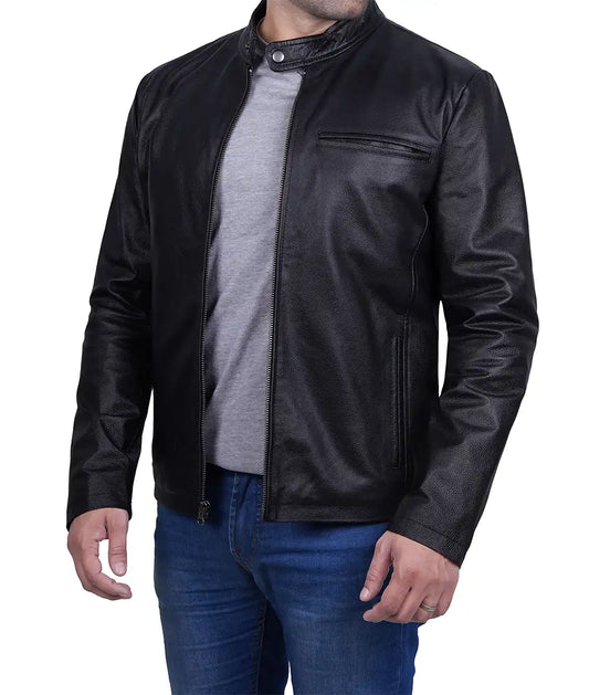 Men's Premium Black Cowhide Cafe Racer Leather Jacket