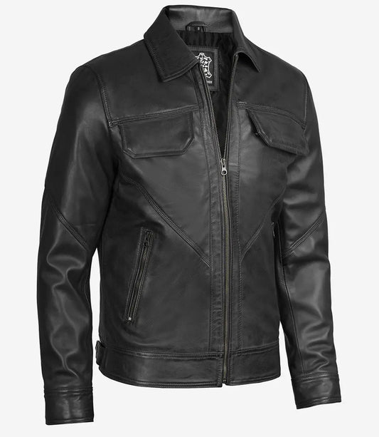 Men's Classic Black Shirt Collar Trucker Leather Jacket