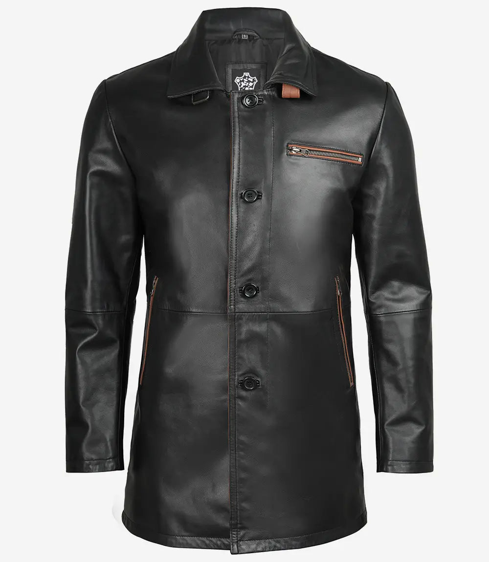 Men's Black 3/4 Length Leather Coat - Brown Detailing