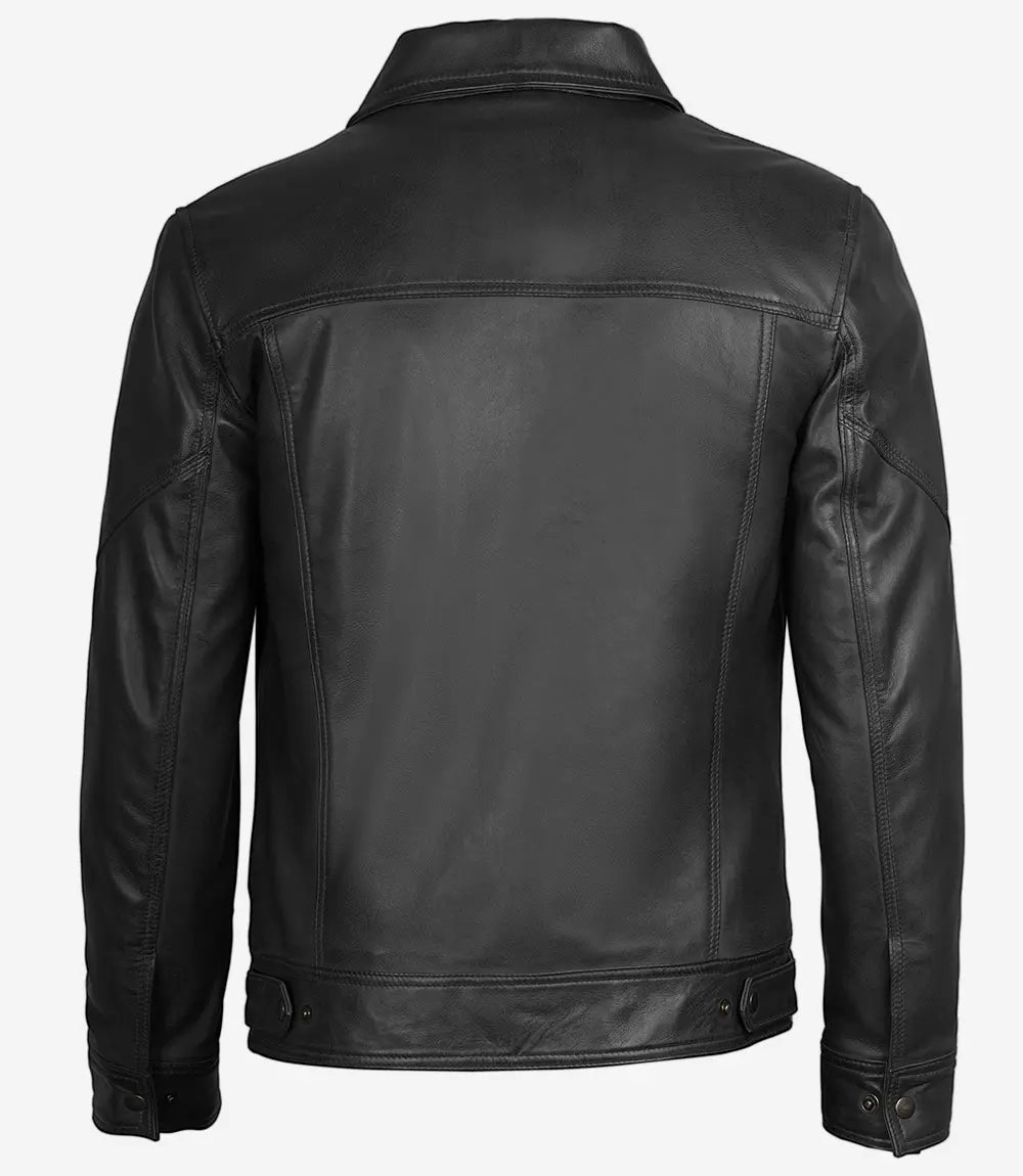 Men's Classic Black Shirt Collar Trucker Leather Jacket