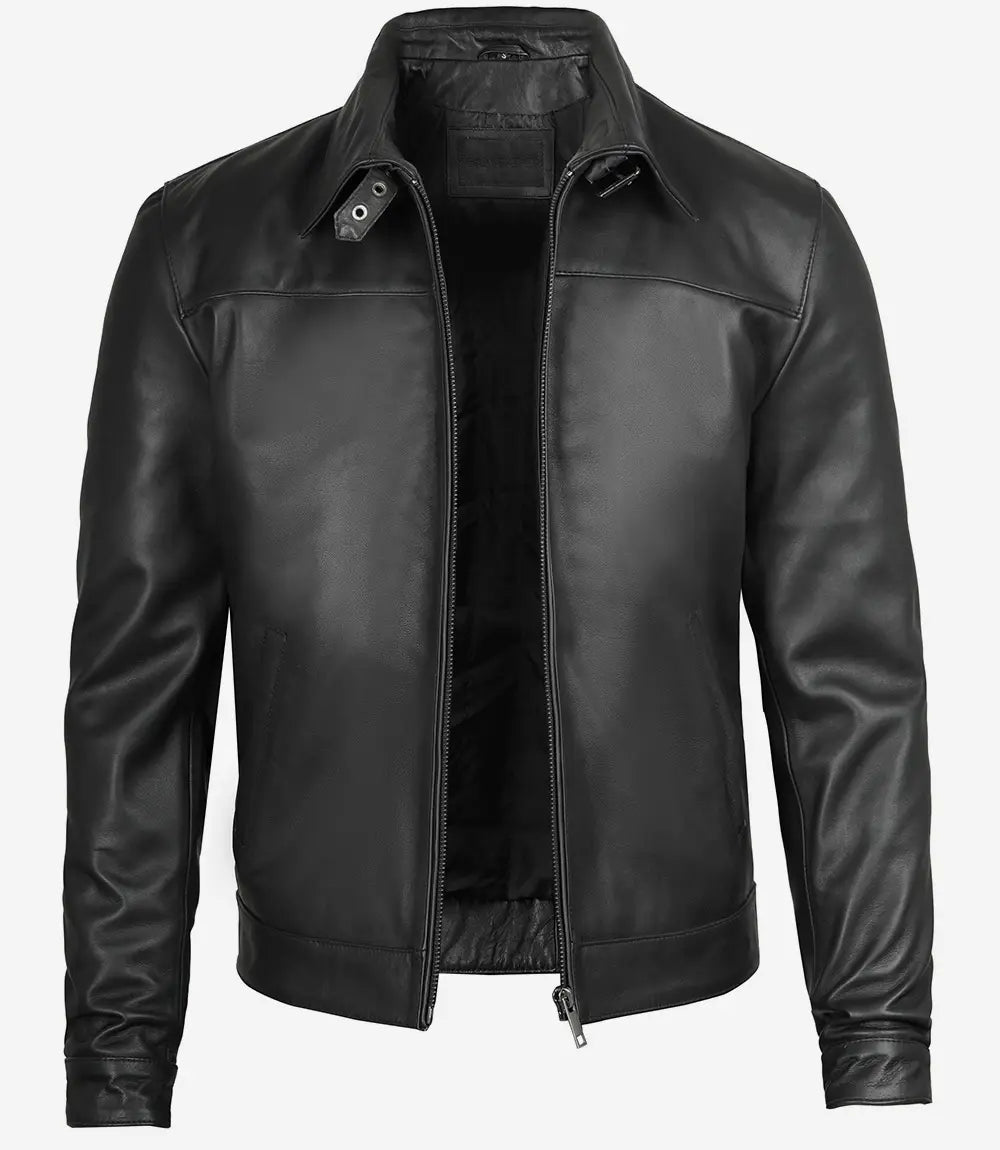 Men's Black Premium Shirt Collar Real Leather Jacket