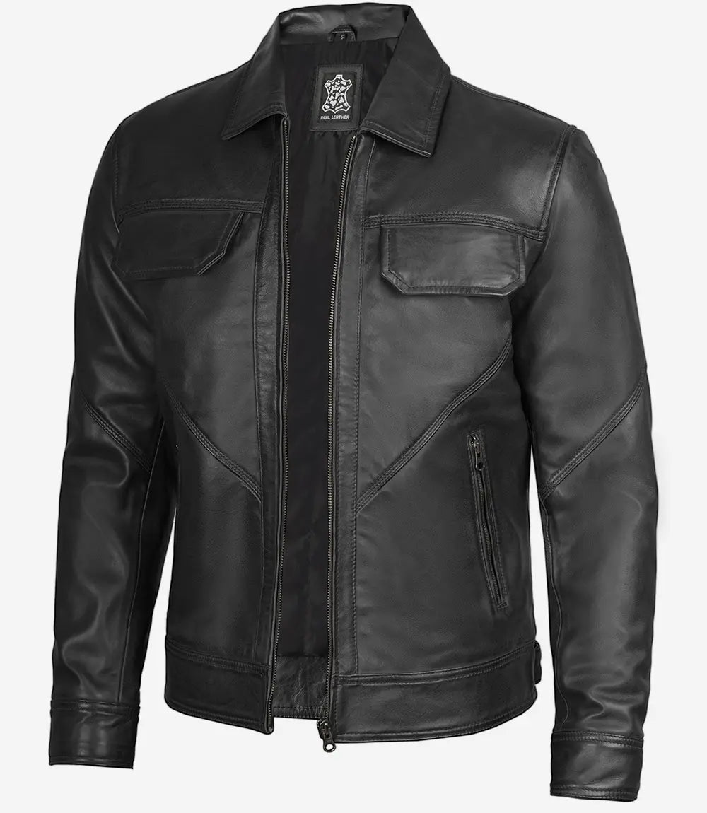 Men's Classic Black Shirt Collar Trucker Leather Jacket